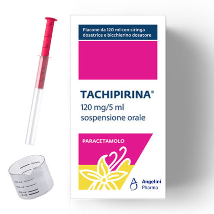 TACHIPIRINA 120 MG/5 ML ORAL SUSPENSION VANILLA CARAMEL FLAVOUR 1 120 ML PET BOTTLE WITH ADAPTER, MEASURING SYRINGE AND MEASURING CUP