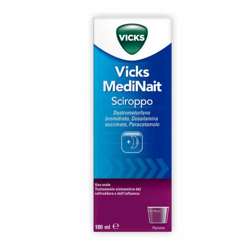 VICKS MEDINAIT 0,5 MG/ML + 0,25 MG/ML + 20 MG/ML SCIROPPO FLACONE IN VETRO DA 180 ML CON BICCHIERE DOSATORE - Farmaspeed