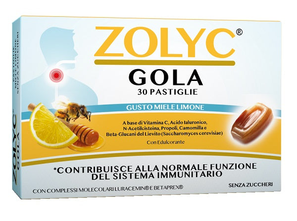 Zolyc gola miele limone 30 pastiglie con edulcorante senza zuccheri senza glutine naturalmente privo di lattosio