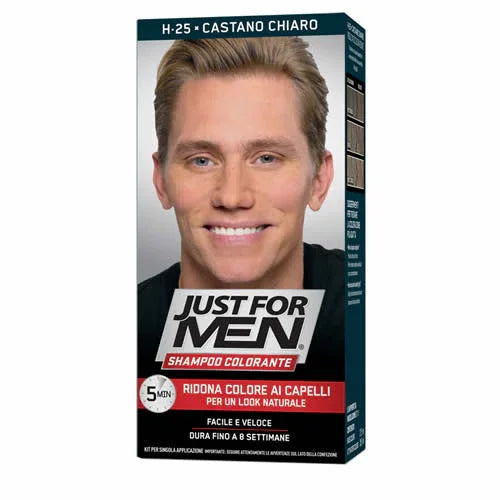 JUST FOR MEN SHAMPOO COLORANTE H25 CASTANO CHIARO ATTIVATORE CHIARO 38,5 ML + BASE COLORE 27,5 ML - Farmaspeed