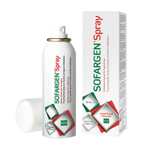 MEDICAZIONE IN POLVERE SPRAY CON CAOLINO E ARGENTO SULFADIAZINA 1% SOFARGEN SPRAY 10 G BOMBOLETTA PRESSURIZZATA 125 ML