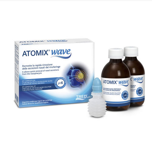 ATOMIX WAVE DEVICE FOR RHINOPHARYNGEAL HYGIENE ATOMIX SALINE SOLUTION 250 ML 2 PIECES + NASAL TERMINAL + BELLOWS DISPENSER