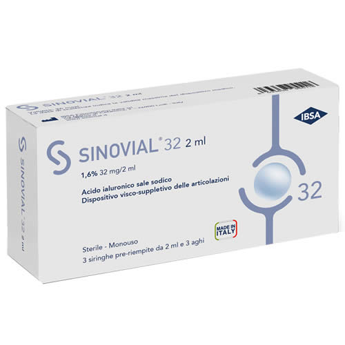 SIRINGA INTRA-ARTICOLARE SINOVIAL 32 ACIDO IALURONICO SALE SODICO 1,6% 32MG/2ML 3 SIRINGHE X 2ML + 3 AGHI