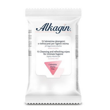 ALKAGIN CLEANSING AND REFRESHING WIPES FOR INTIMATE HYGIENE PH SLIGHTLY ALKALINE ALCOHOL-FREE 15 PIECES CALENDULA MALLOW AND TILIA