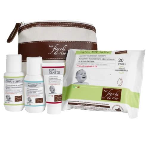 FIOCCHI DI RISO COFANETTO BEBE' PASTA CAMBIO 15 ML + DETERGENTE CORPO E CAPELLI TALCO 50 ML + DETERGENTE INTIMO MIODERM 50 ML + 20 SALVIETTE TALCO NON TALCO + POCHETTE - Farmaspeed