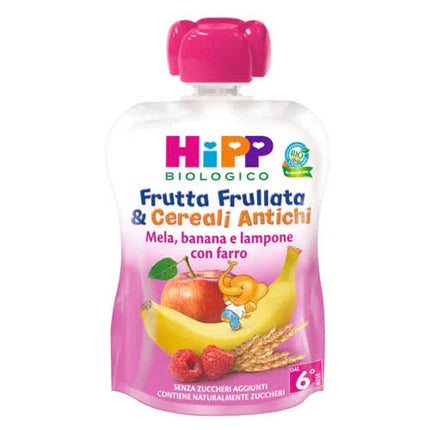 HIPP BIO FRUTTA FRULLATA&CEREALI ANTICHI MELA BANANA LAMPONE FARRO 90 G - Farmaspeed