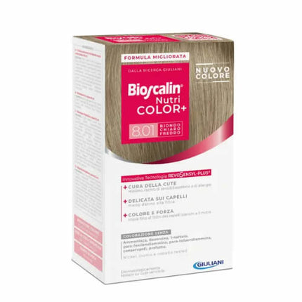 BIOSCALIN NUTRI COLOR+ 8,01 BIONDO CHIARO FREDDO CREMA COLORANTE 40 ML + RIVELATORE CREMA 60 ML + SHAMPOO 12 ML + BALSAMO 12 ML + GUANTI USA E GETTA