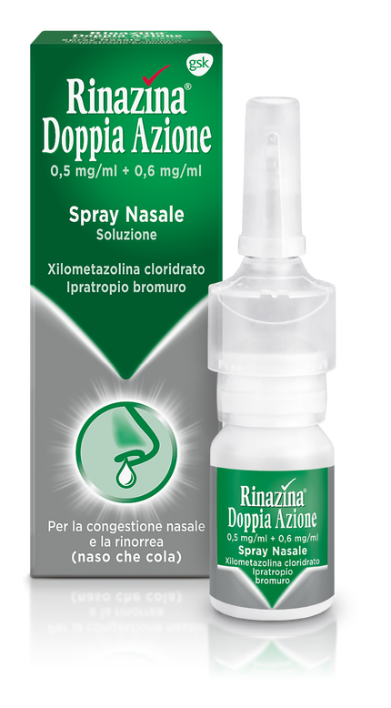 RINAZINA DOPPIA AZ 0,5 MG/ML + 0,6 MG/ML SPRAY NASALE, SOLUZIONE 10 ML FLACONE MULTIDOSE IN HDPE CON POMPA ATTIVATA VERTICALMENTE