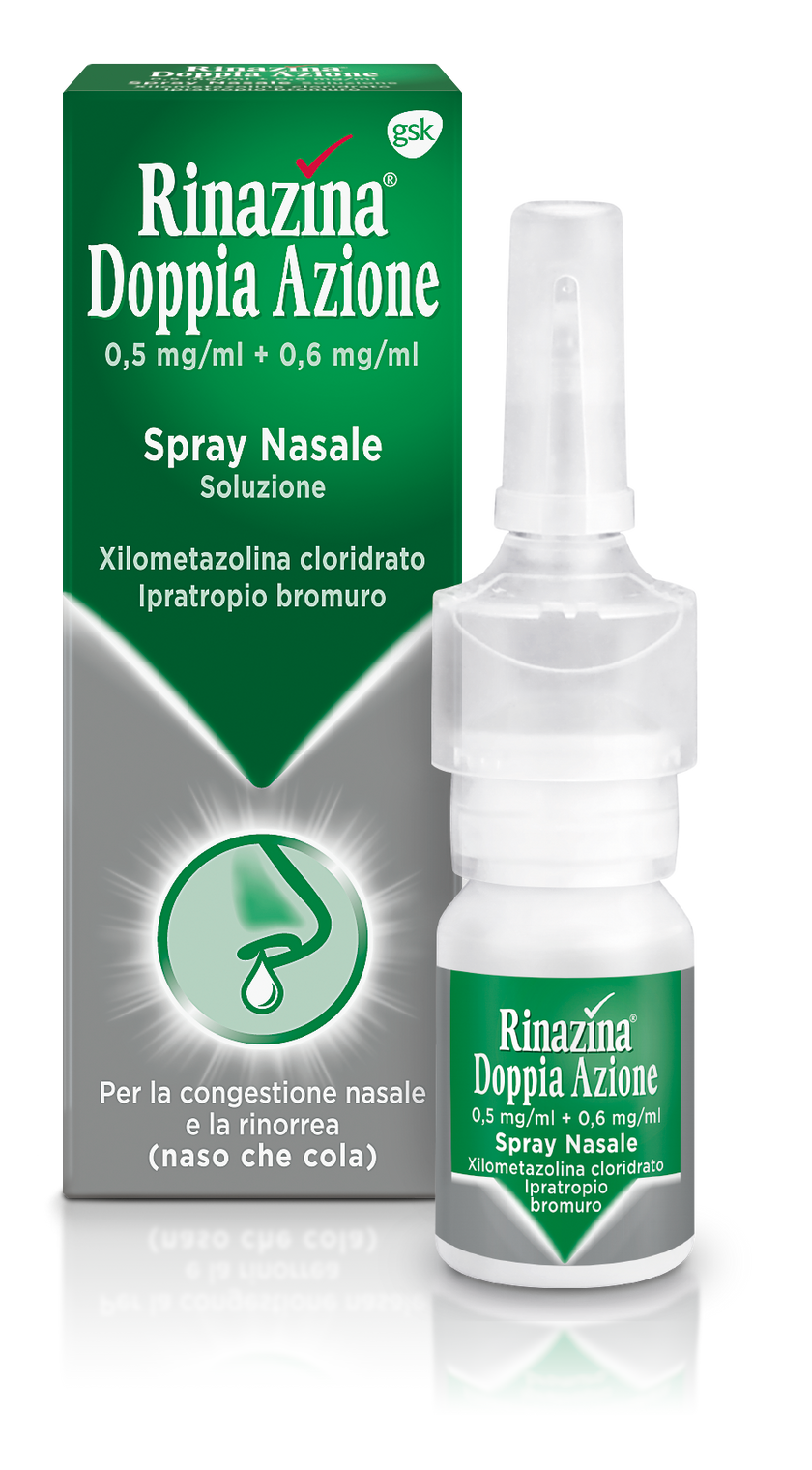 RINAZINA DOPPIA AZ 0,5 MG/ML + 0,6 MG/ML SPRAY NASALE, SOLUZIONE 10 ML FLACONE MULTIDOSE IN HDPE CON POMPA ATTIVATA VERTICALMENTE