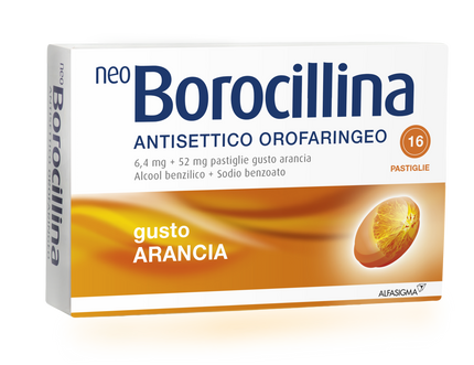 NEOBOROCILLINA ANT OR 6,4 MG + 52 MG PASTIGLIE GUSTO ARANCIA, 16 PASTIGLIE IN BLISTER AL/PVC