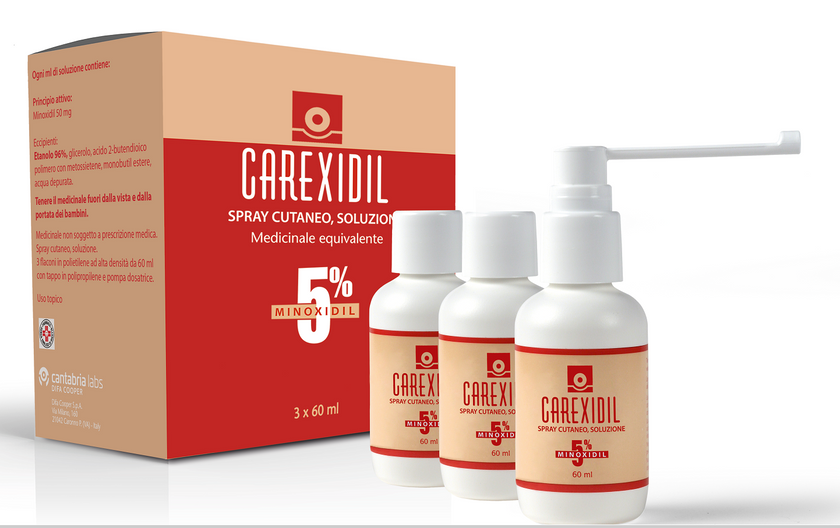 CAREXIDIL 5% SPRAY CUTANEO SOLUZIONE, 3 FLACONI IN HDPE DA 60 ML CON POMPA DOSATRICE