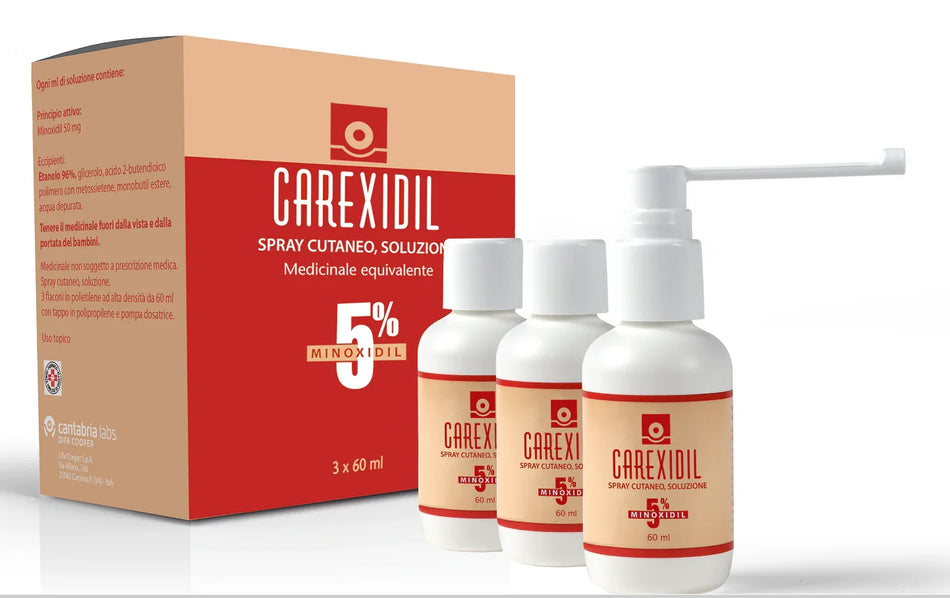 CAREXIDIL 5% SPRAY CUTANEO SOLUZIONE, 3 FLACONI IN HDPE DA 60 ML CON POMPA DOSATRICE - Farmaspeed