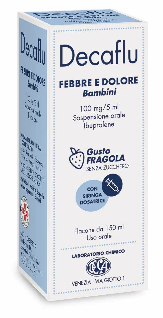 DECAFLU FEBBRE DOLORE BAMBINI 100 MG/5 ML SOSPENSIONE ORALE GUSTO FRAGOLA SENZA ZUCCHERO 1 FLACONE IN PET 150 ML CON SIRINGA DOSATRICE IN PE - Farmaspeed