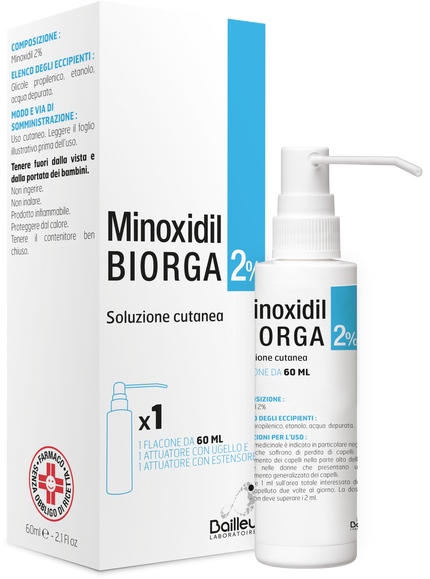 MINOXIDIL BIORGA 2% SOLUZIONE CUTANEA 1 FLACONE HDPE 60 ML CON POMPA SPRAY E APPLICATORE