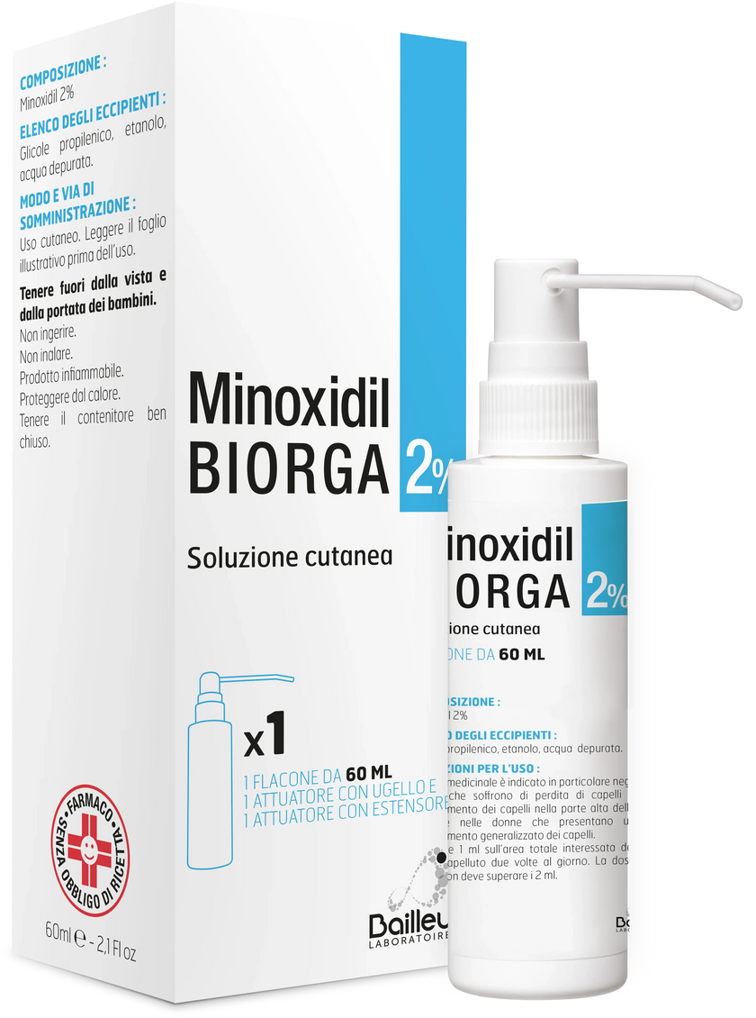 MINOXIDIL BIORGA 2% SOLUZIONE CUTANEA 1 FLACONE HDPE 60 ML CON POMPA SPRAY E APPLICATORE - Farmaspeed
