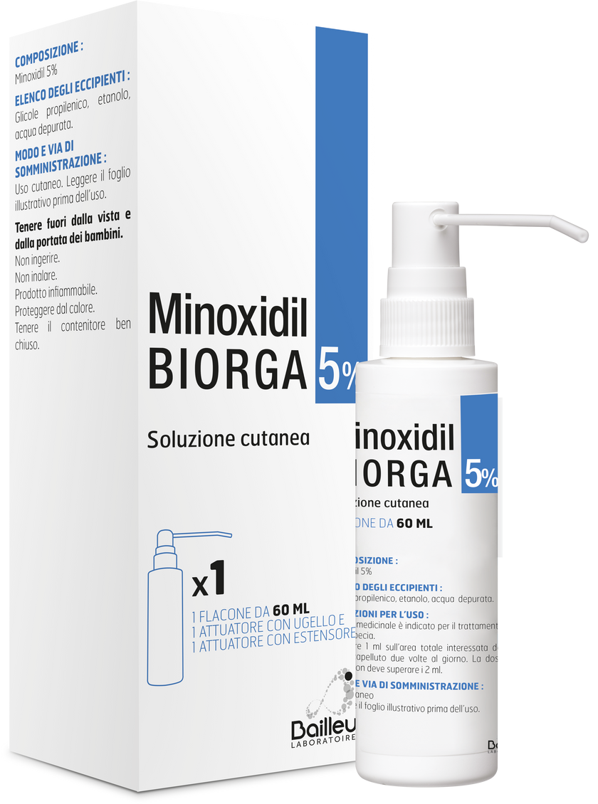 MINOXIDIL BIORGA 5% SOLUZIONE CUTANEA 1 FLACONE HDPE 60 ML CON POMPA SPRAY E APPLICATORE