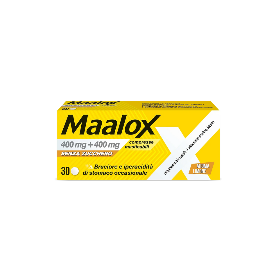 MAALOX 400 MG+ 400 MG COMPRESSE MASTICABILI SENZA ZUCCHERO AROMA LIMONE 30 COMPRESSE - Farmaspeed