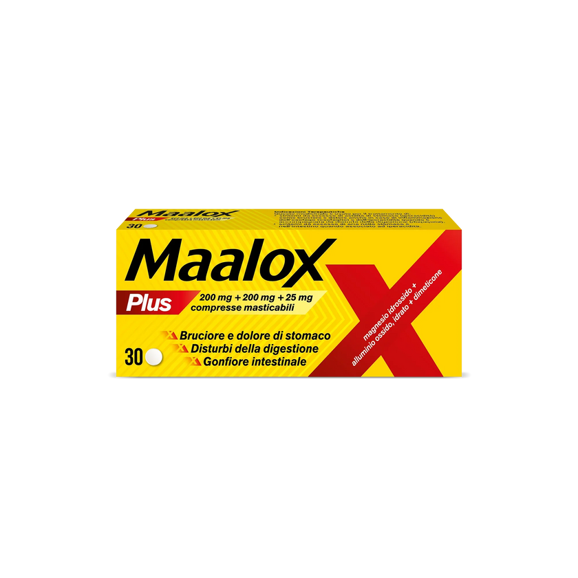 MAALOX PLUS PLUS 200 MG + 200 MG + 25 MG COMPRESSE MASTICABILI 30 COMPRESSE - Farmaspeed