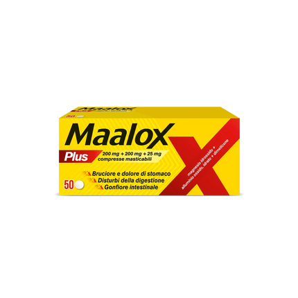 MAALOX PLUS 200 MG + 200 MG + 25 MG COMPRESSE MASTICABILI 50 COMPRESSE - Farmaspeed