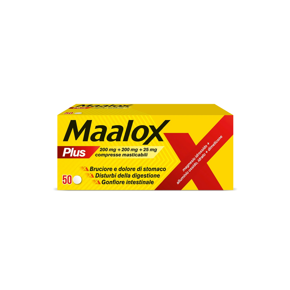 MAALOX PLUS 200 MG + 200 MG + 25 MG COMPRESSE MASTICABILI 50 COMPRESSE - Farmaspeed