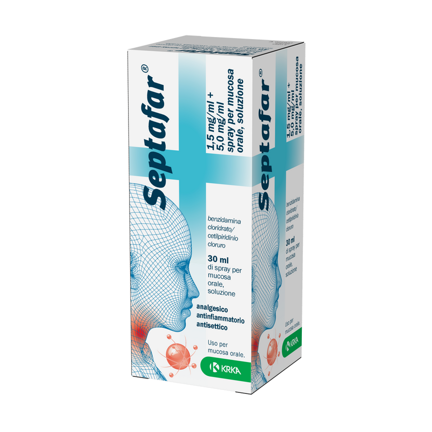 SEPTAFAR 1,5 MG/ML + 5 MG/ML SPRAY PER MUCOSA ORALE, SOLUZIONE 1 CONTENITORE IN HDPE CON POMPA SPRAY DA 30 ML/250 EROGAZIONI