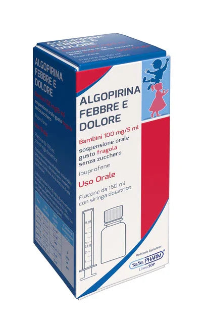 ALGOPIRINA FEBBRE DOL BAMBINI 100 MG/5 ML SOSPENSIONE ORALE GUSTO FRAGOLA SENZA ZUCCHERO 1 FLACONE DA 150 ML CON SIRINGA DOSATRICE - Farmaspeed