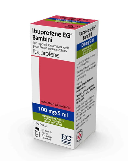 IBUPROFENE EG BAMBINI 100 MG/5 ML SOSPENSIONE ORALE GUSTO FRAGOLA SENZA ZUCCHERO 1 FLACONE DA 150 ML CON SIRINGA DOSATRICE - Farmaspeed