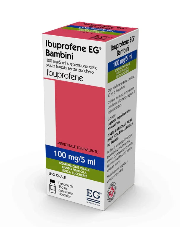IBUPROFENE EG BAMBINI 100 MG/5 ML SOSPENSIONE ORALE GUSTO FRAGOLA SENZA ZUCCHERO 1 FLACONE DA 150 ML CON SIRINGA DOSATRICE - Farmaspeed
