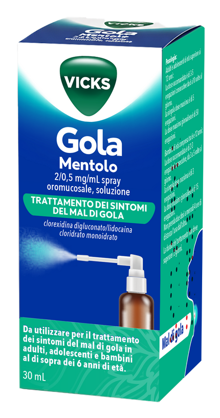 VICKS GOLA 2 MG/0,5 MG/ML SPRAY PER MUCOSA ORALE SOLUZIONE 1 FLACONE IN VETRO DA 30 ML GUSTO MENTOLO CON POMPA SRAY