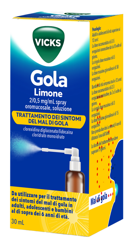 VICKS GOLA 2 MG/0,5 MG/ML SPRAY PER MUCOSA ORALE SOLUZIONE 1 FLACONE IN VETRO DA 30 ML GUSTO LIMONE CON POMPA SRAY