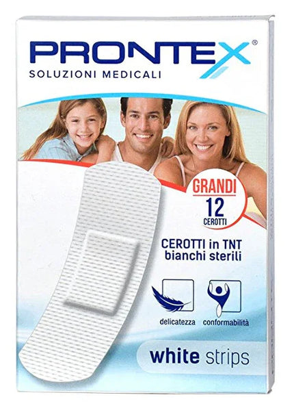 CEROTTO PRONTEX WHITE STRIPS IN TESSUTO NON TESSUTO BIANCO STERILE SCATOLA 12 CEROTTI GRANDI - Farmaspeed