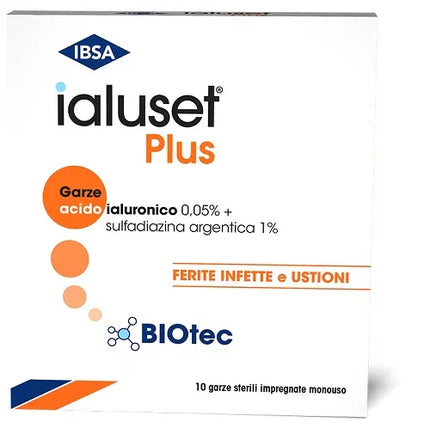 GARZA IALUSET PLUS IMPREGNATA DI CREMA DI ACIDO IALURONICO 0,05%, DI SULFADIAZINA ARGENTICA 1%, MACROGOL, GLICEROLO E ACQUA 10 X 10 CM 10 PEZZI - Farmaspeed