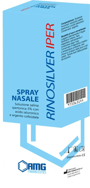 RINOSILVER SOLUZIONE SALINA IPERTONICA 3% CON ACIDO IALURONICO E ARGENTO COLLOIDALE SPRAY NASALE 20 ML - Farmaspeed