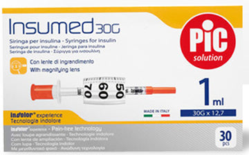 INSULIN SYRINGE PIC INSUMED 1 ML 100 IU NEEDLE GAUGE 30 12.7 MM WITHOUT DEAD SPACE 30 PIECES
