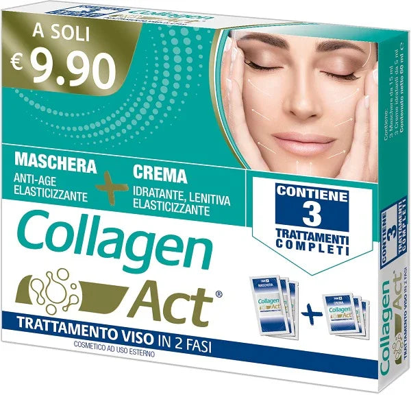 COLLAGEN ACT TRATTAMENTO VISO 2 FASI MASCHERA ANTI AGE ELASTICIZZANTE 3 PEZZI DA 15 ML + CREMA IDRATANTE LENITIVA ELASTICIZZANTE 3 PEZZI DA 5 ML - Farmaspeed