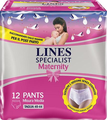 LINES SPECIALIST MATERNITY ABSORBENT PANTS FOR POST-PARTUM LOSSES SIZE MEDIUM 12 PIECES