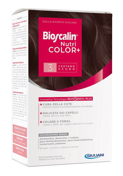 BIOSCALIN NUTRICOLOR PLUS 3 CASTANO SCURO CREMA COLORANTE 40 ML + RIVELATORE CREMA 60 ML + SHAMPOO 12 ML + TRATTAMENTO FINALE BALSAMO 12 ML