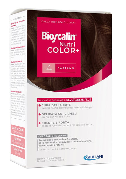 BIOSCALIN NUTRICOLOR PLUS 4 CASTANO CREMA COLORANTE 40 ML + RIVELATORE CREMA 60 ML + SHAMPOO 12 ML + TRATTAMENTO FINALE BALSAMO 12 ML