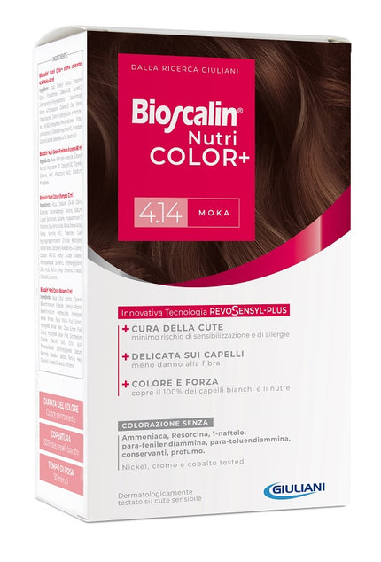 BIOSCALIN NUTRICOLOR PLUS 4,14 MOKA CREMA COLORANTE 40 ML + RIVELATORE CREMA 60 ML + SHAMPOO 12 ML + TRATTAMENTO FINALE BALSAMO 12 ML