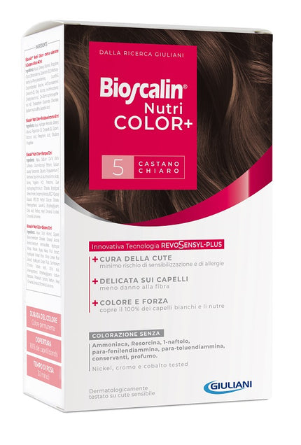 BIOSCALIN NUTRICOLOR PLUS 5 CASTANO CHIARO CREMA COLORANTE 40 ML + RIVELATORE CREMA 60 ML + SHAMPOO 12 ML + TRATTAMENTO FINALE BALSAMO 12 ML