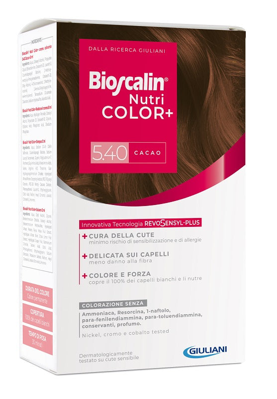 BIOSCALIN NUTRICOLOR PLUS 5,40 CACAO CREMA COLORANTE 40 ML + RIVELATORE CREMA 60 ML + SHAMPOO 12 ML + TRATTAMENTO FINALE BALSAMO 12 ML