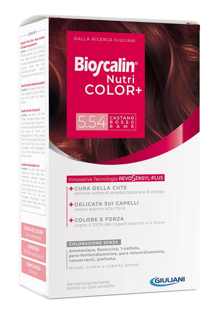 BIOSCALIN NUTRICOLOR PLUS 5,54 CASTANO ROSSO RAME CREMA COLORANTE 40 ML + RIVELATORE CREMA 60 ML + SHAMPOO 12 ML + TRATTAMENTO FINALE BALSAMO 12 ML