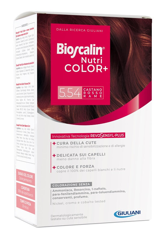 BIOSCALIN NUTRICOLOR PLUS 5,54 CASTANO ROSSO RAME CREMA COLORANTE 40 ML + RIVELATORE CREMA 60 ML + SHAMPOO 12 ML + TRATTAMENTO FINALE BALSAMO 12 ML