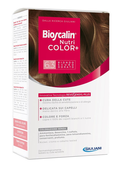 BIOSCALIN NUTRICOLOR PLUS 6,3 BIONDO SCURO DORATO CREMA COLORANTE 40 ML + RIVELATORE CREMA 60 ML + SHAMPOO 12 ML + TRATTAMENTO FINALE BALSAMO 12 ML