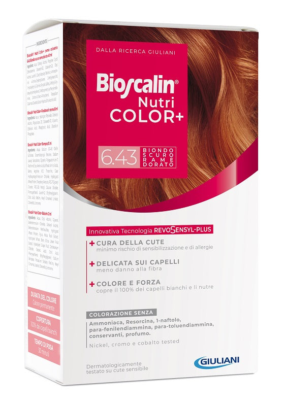BIOSCALIN NUTRICOLOR PLUS 6,43 BIONDO SCURO RAME DORATO CREMA COLORANTE 40 ML + RIVELATORE CREMA 60 ML + SHAMPOO 12 ML + TRATTAMENTO FINALE BALSAMO 12 ML
