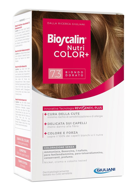 BIOSCALIN NUTRICOLOR PLUS 7,3 BIONDO DORATO CREMA COLORANTE 40 ML + RIVELATORE CREMA 60 ML + SHAMPOO 12 ML + TRATTAMENTO FINALE BALSAMO 12 ML