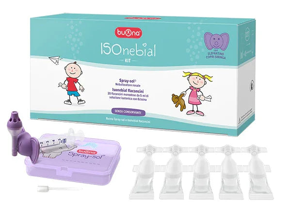 ISONEBIAL KIT PULIZIA CAVITA' NASALI 20 FLACONCINI MONODOSE 5 ML + SIRINGA LUER LOCK SOFT-JECK + AGO CANNULA + NEBULIZZATORE SPRAY - Farmaspeed