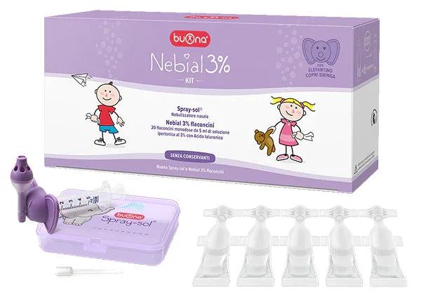 NEBIAL 3% KIT 20 FLACONCINI MONODOSE 5ML SOLUZIONE IPERTONICA CON ACIDO IALURONICO + NEBULIZZATORE SPRAY-SOL - Farmaspeed