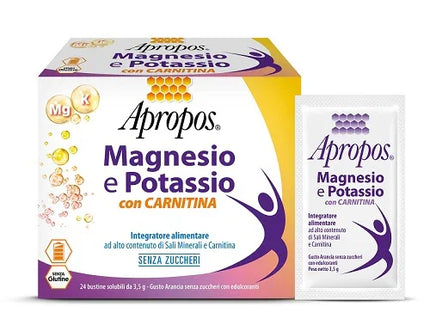 APROPOS MAGNESIO E POTASSIO CON CARNITINA 24 BUSTINE SOLUBILI DA 3,5 G GUSTO ARANCIA SENZA ZUCCHERI - Farmaspeed