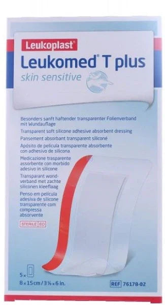 LEUKOMED T PLUS SKIN SENSITIVE MEDICAZIONE POST-OPERATORIA TRASPARENTE IMPERMEABILE CON MASSA ADESIVA AL SILICONE 8X15CM 5 PEZZI - Farmaspeed